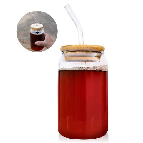 Juice Glass Jar Wood Lid With Straw 400ml Glass Straw Cups with Wood Iced Coffee Glasses