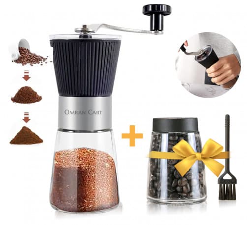 Omran Cart Coffee hand grinder with Glass Jar + Extra Bean Container & Burr Cleaning Brush for V60 & Espresso