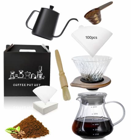 V60 Set, Coffee set 600ml, Server Pot, Wooden Glass Dripper, 100pcs White Paper Filters, Kettle, Spoon Kit