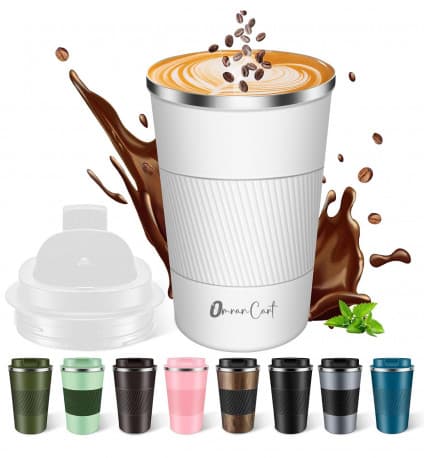 Travel Mug, 510ml Heat Resistant, Leakproof Lid, Vacuum Insulated Stainless Steel Keeps Hot & Cold for 3 Hours, White
