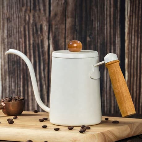 Kettle Pour Over Coffee kettle 600ml - Stainless Steel with Wooden Handle & Lid Cap, White Color, Gooseneck Spout