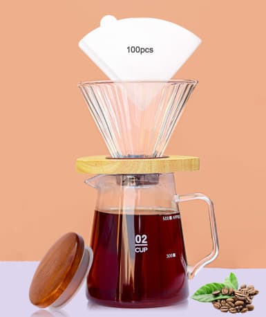 V60 - Set 3pcs Pour Over Coffee Set 550ml Server, Dripper with Wooden Base, 100pcs White V-Shape Paper Filters