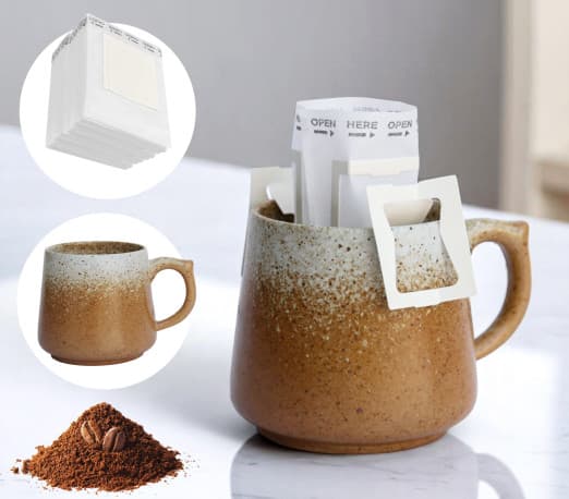 Omran Cart Drip Coffee Set – 300ml Ceramic Cup + 50 Hanging Filters, Portable & Disposable for Travel, Home, Office