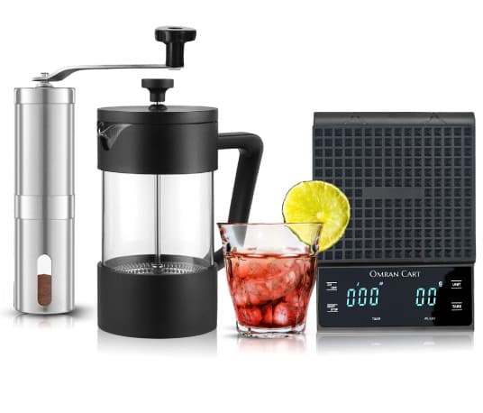 Omran Cart French press coffee set + scale + Manual grinder + 160ml Glass cup Mini coffee bar tools for home best coffee gifts
