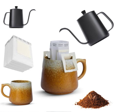 Omran Cart Drip Coffee Portable Set – 600ml Kettle + 300ml Ceramic Cup + 50 Hanging Filters, 3pcs Mini Coffee Bar Combo