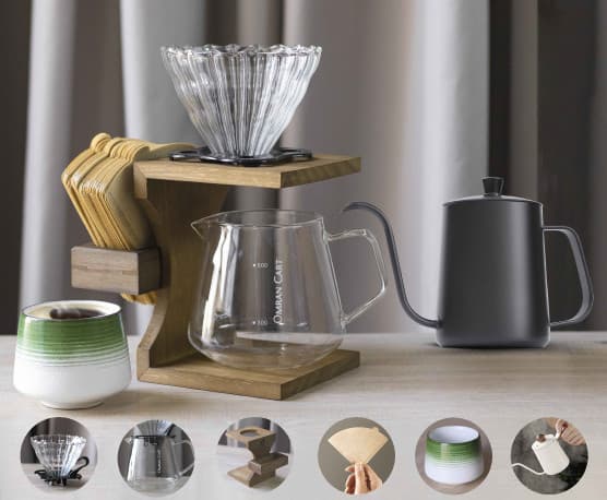 طقم قهوة V60 من أومران كارت 6 قطع مع حامل خشبي، إبريق 600مل، إبريق تقديم، مصفاة، فلاتر وكوب سيراميك