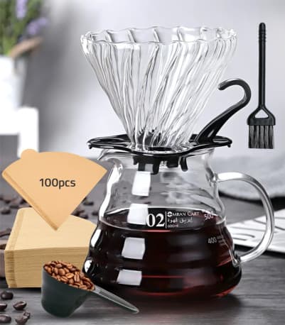 طقم تحضير قهوة V60 من Omran Cart – سيرفر 600مل، قطّارة، 100 فلتر، ملعقة وفرشاة – مجموعة تحضير يدوية للمنزل أو المقهى