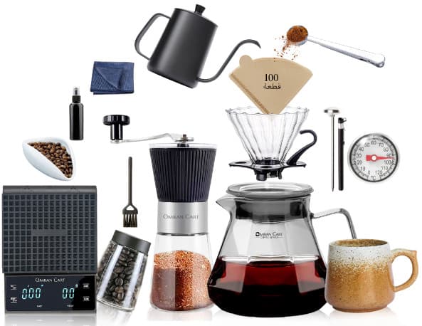 طقم قهوة V60 من 14 قطعة من Omran Cart – سرفر رمادي، مطحنة يدوية، كيتل، مرشحات، قطارة وأدوات تحضير