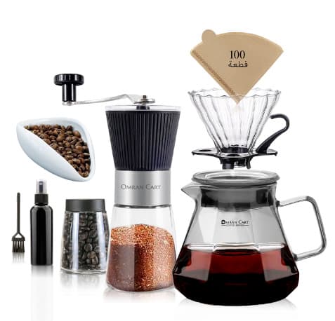 طقم قهوة V60 من أمران كارت – 8 قطع: سيرفر رمادي، مطحنة، قمع V60، فلتر بني، علبة بن، صينية سيراميك، بخاخ ترطيب