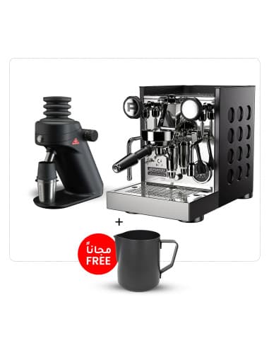 مجموعة آلة الإسبريسو روكيت أبارتمينتو TCA لون أسود و مطحنة مالكونيق SD X64 سنقل دوز + بيتشر راينوير وميزان مجانًا