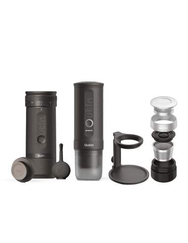 Outin Nano Portable Espresso Maker Space Grey & Fino Grinder Brown with Accessories Pack