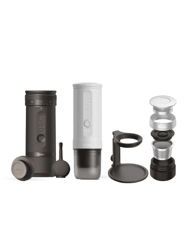 Outin Nano Portable Espresso Maker Pearl White & Fino Grinder Brown with Accessories Pack