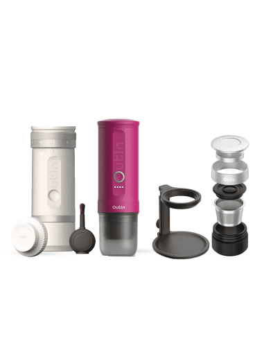 Outin Nano Portable Espresso Maker Crimson Red & Fino Grinder White with Accessories Pack