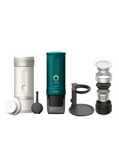 Outin Nano Portable Espresso Maker Teal & Fino Grinder White with Accessories Pack