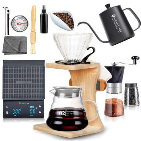 Omran Cart V60 Coffee Set 13pcs with Wooden Holder, Pour Over Kit, Server, Dripper, Filters & Accessories