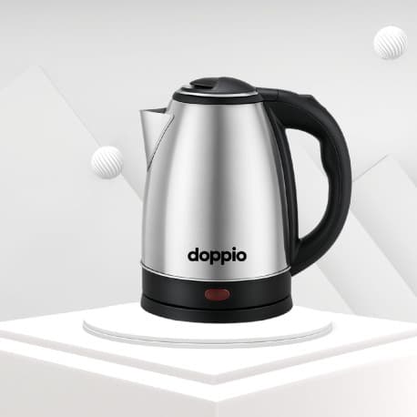 غلاية كهربائية DOPPIO ستانلس ستيل 2 لتر – تسخين سريع مع إيقاف تلقائي لتحضير الشاي والقهوة (فضي وأسود)