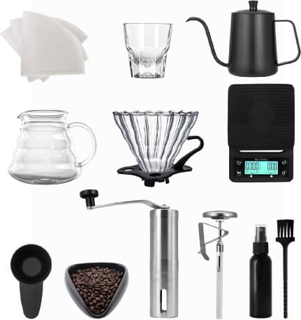 Complete 12-Piece Pour Over Coffee Brewing Kit with Grinder, Kettle, Scale and Glass Server