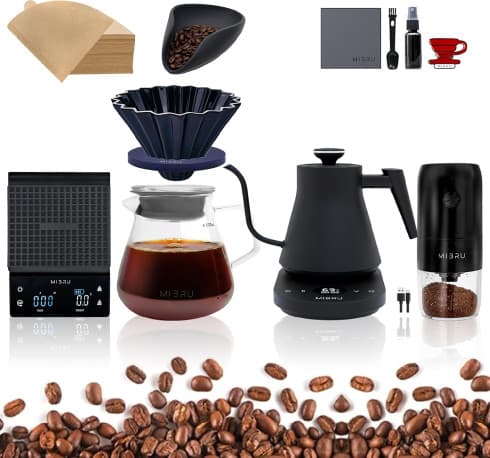 طقم V60 لتحضير القهوة المقطرة 10 قطع – مجموعة باريستا كاملة مع مطحنة وغلاية وميزان وفلتر ورقي للقهوة المختصة