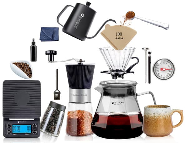 طقم قهوة V60 من 14 قطعة من Omran Cart – سرفر رمادي، مطحنة يدوية، كيتل، مرشحات، قطارة وأدوات تحضير