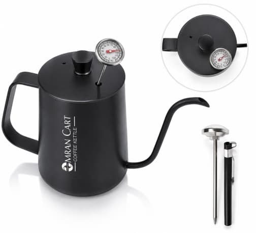 Omran Cart 600ml Gooseneck Pour Over Coffee Kettle Black with Thermometer for Water Coffee and Tea Temperature