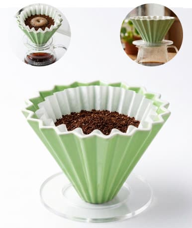 Omran Cart Ceramic Origami Coffee Dripper Green with Plastic Base for 1 to 4 Cups Pour Over Brewing