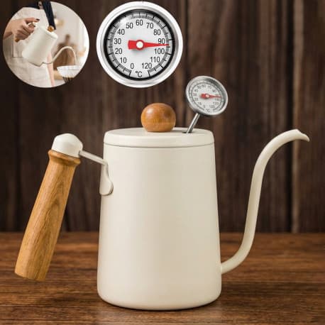 Omran Cart 600ml Gooseneck Pour Over Coffee Kettle White with Wooden Handle and Thermometer