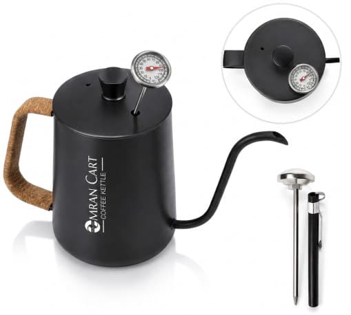 Omran Cart 600ml Gooseneck Pour Over Coffee Kettle Black with Heat Protection Rope and Thermometer
